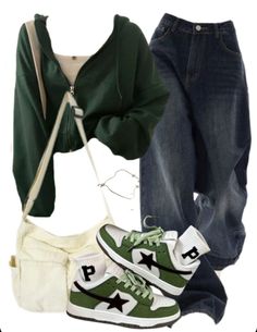 Cool Fits Ideas, Green Zip Up Hoodie Outfit, Ootd Crop, University Fits, Hoodie Boyfriend, Green Outfit Ideas, Outfits Hoodie, Jeans Large, Canvas Satchel