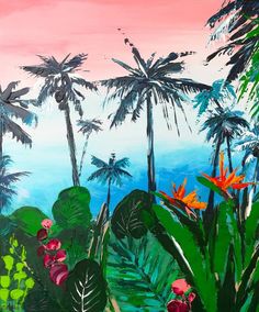 an oil painting of tropical plants and flowers