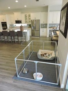 a dog bed in the middle of a living room with an open kitchen and dining area