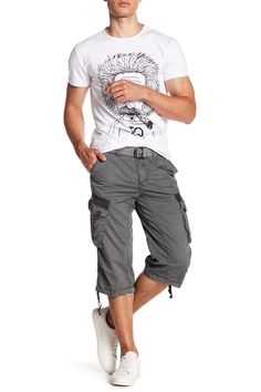 Style an on-trend look in cargo shorts crafted from breathable cotton for comfort during casual outings. 18" inseam; 10" front rise (size 32) Zip fly with button closure 100% cotton Machine wash, tumble dry
 Imported Model stats: 6'1" height, 32" waist. Model is wearing size 32. Gray Cargo Pocket Bottoms For Summer, Gray Cargo Bottoms For Summer, Knee-length Cotton Bermuda Shorts With Belt Loops, Summer Knee-length Cargo Pants With Built-in Shorts, Casual Knee-length Bottoms With Cargo Pockets, Summer Knee-length Cargo Pants With Side Pockets, Summer Knee-length Cargo Pants, Relaxed Fit Bermuda Cargo Bottoms, Cotton Knee-length Shorts With Belt Loops