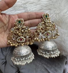 Silver & Gold Jhumka with quartz stone and pearl strings Jumkha Earrings Gold, Wedding Prayers, Capsule Wardrobe Jewelry, Pearl Strings, Silver Jhumkas, Gold Jhumka, Modern Gold Jewelry, Pretty Jewelry Necklaces, Fancy Jewellery Designs