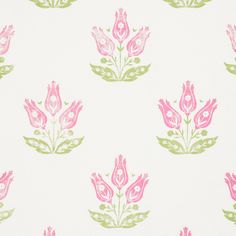 a pink and green flower pattern on a white wallpaper with lots of small leaves