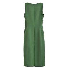 This midi dress offers a regular fit and features a non-stretch, polyester fabric with a solid pattern. The sleeveless tank style, straight silhouette, and the O-neckline and natural waistline create a simple and elegant look. There is no decoration, making this dress suitable for everyday wear in autumn and winter. It is made from synthetic fiber and has a zipper closure. The dress is of high quality and originates from Mainland China, specifically Jiangsu. Chic Sleeveless Midi Dress In Solid Color, Chic Solid Color Sleeveless Midi Dress, Sleeveless Green Midi Dress, Green Sleeveless Plain Midi Dress, Green Sleeveless Solid Midi Dress, Summer Bodycon Dress With Straight Neckline For Work, Sleeveless Solid Color Bodycon Dress For Spring, Green Sleeveless Midi Dress, Solid Sheath Sleeveless Dress For Summer