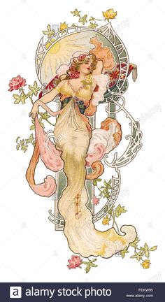 an art nouveau painting of a woman with flowers