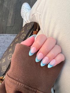 French Tip With 2 Colors, Hoco Nails Acrylic Blue, Pink And Blue French Nails, Blue Tip French Nails, Blue French Nails Tips, Double French Nails Blue, Pastel Blue French Tips, Light And Dark Blue French Tip Nails, Pink With Blue French Tip