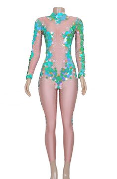 a pink bodysuit with blue and green sequins on the sides, in front of a mannequin