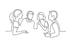 three people sitting at a table talking to each other, one line drawing on white paper