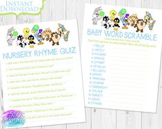 two baby word scramble game cards with cartoon characters on them and the words nursery rhyme quiz