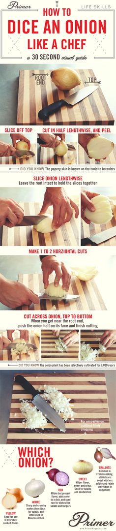 the instructions for how to cut an onion on a cutting board