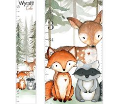 two bookmarks with foxes and raccoons in the woods, one for each child's height