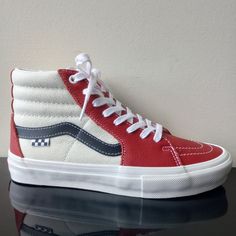 Vans Men's Skate Sk8-Hi Sport Leather Sneaker In Awesome Chili Pepper / White ~ Features Luxurious High-Tops Premium Sport Leather Uppers, And Feature Internal Elastic Tongue Gussets For A Secure Fit, While The Duracap Rubber Reinforcement Offers All The Impact Support, Plus Popcush Footbed Support Better Comfort And Impact Absorption :) Retail Market: $85 Style: Unisex Condition: Brand New With Original Shoe Box Bonus: Extra Shoelaces Included Men's Size White Vans High-top Sneakers With Contrast Sole, Retro Vans Leather Skate Shoes, Vans Leather Lace-up High-top Sneakers, Retro Leather Vans Skate Shoes, Vans Leather High-top Sneakers With White Sole, Red Leather Skate Shoes For Streetwear, Vans Leather Skate Shoes With Contrast Sole, Leather Vans Skate Shoes With Contrast Sole, White Leather Skate Shoes With Red Sole