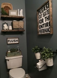 a bathroom with shelves above the toilet and plants in baskets on the wall next to it