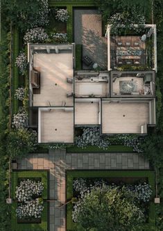 an aerial view of a house surrounded by trees and shrubs, with the ground level