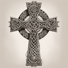 an intricate celtic cross is shown in black and white, on a light gray background