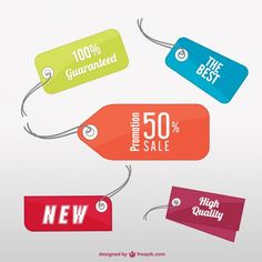 four price tags with different colors and sizes for sale on the white background stock photo - budget cutout