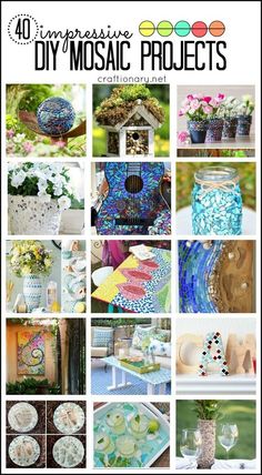 various mosaic projects are featured in this collage with the words, 40 impressive mosaic projects