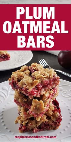 plum oatmeal bars stacked on top of each other with text overlay