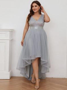 Plus Size Sequin Sleeveless Tulle High Low Evening Dress - Ever-Pretty US Plus Size Evening Dress, High Low Evening Dresses, Dresses Materials, Formal Maternity Dress, Plus Size Formal, Plus Size Formal Dresses, Evening Dresses Plus Size, Ever Pretty, Prom Dress Shopping