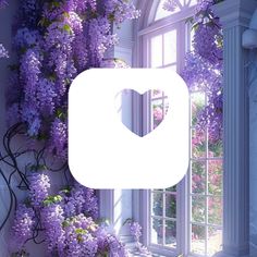 the window is open and there are purple flowers in front of it on the wall