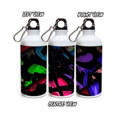 three different styles of water bottles with the same design on them, each one has a keychain