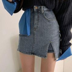 Y2K HIGH WAIST SLASH DENIM SKIRT Gray Denim Pants, Fitted Denim Skirt, Pleated Denim Skirt, A Line Denim Skirt, Y2k Skirt, Color Light Blue, Y2k Clothing, Cute Skirts, Denim Mini