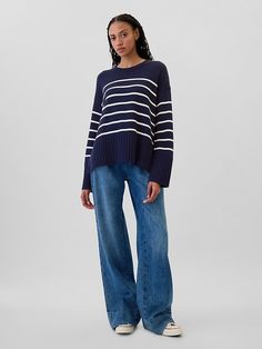 Soft cotton knit. Dropped shoulder, long sleeves with ribbed, banded cuffs. Ribbed crewneck. Slits at ribbed, banded hem. Select styles have allover stripes. #822066 Split Hem, Cotton Knit, Crewneck Sweater, Crew Neck Sweater, Drop Shoulder, Sweaters & Cardigans, Casual Pants, Cardigans, Gap