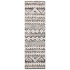 a black and white rug with geometric designs on the bottom, in front of a white background