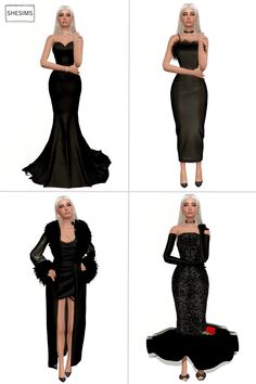 four different poses of the same woman in black dresses