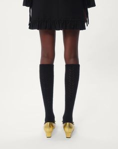 Mohair Socks - Perforated V motif - VLogo detail (45% Mohair, 40% Polyamide, 15% Wool) - Length: 61 cm / 24 in. in an Italian size S - The model is 176 cm / 5'9" tall and wears an Italian size S - Made in Italy Elegant Black Knee-high Socks, Elegant Knee-high Socks For Fall, Elegant Black Thigh High Socks, Elegant Black Socks For Spring, Woman In Black, Studded Sneakers, Oxford Sneakers, Belt Jewelry, Boot Accessories