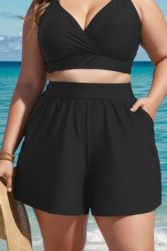 Plus Size Black Women Swim Skirt Bottoms Black Mini Skirt With Built-in Shorts, Black Mini Swim Skirt With Built-in Shorts, Black Bottoms With Built-in Shorts For Beach Season, Black Beach Bottoms With Pockets, Black Bottoms With Pockets For Beach Season, Casual Black Skirt With Built-in Shorts, High Waist Black Swim Skirt For The Beach, Casual Black Swim Skirt For Beach, Black Beach Shorts With Elastic Waistband