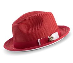 Pinch Front Braided Fedora in Red Matching Two-Tone Braided Ribbon Stingy Brim Fitted Red Summer Hat, Red Summer Hat, Braided Ribbon, Trilby Fedora, Mens Hats Fashion, Wardrobe Upgrade, Hat Size Chart, Style Finder, Crown Design