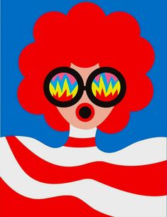 a woman with red hair and sunglasses on her face is in the middle of an american flag background