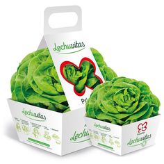 two boxes filled with lettuce sitting next to each other on a white surface