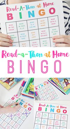 a girl holding up a printable game with the words read - a - then at home bingo