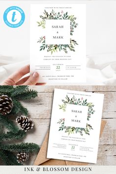 Christmas wedding invitation template with green leaves and red berries. Wedding Invite Template, Christmas Wedding Invitations, Festive Wedding, Winter Wedding Invitations, Invite Template, Floral Frame