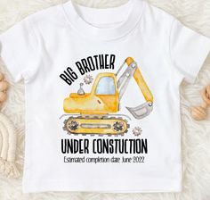 "Get your little one excited for the arrival of their new sibling with our playful Big Brother Under Construction T-Shirt! Made from 100% super soft cotton, this shirt is perfect for your little one as he takes on his new role as a big brother. Personalise it with your baby's expected arrival time to make it extra special. The cute yellow watercolour digger design and funky font add a touch of fun to this exciting time. Order now and help your little one gear up for his new adventure as a big brother and let him declare to the world \"i'm going to be a big brother\" ♥ WHY SHOP WITH US ♥ We design and print every order with love, care and attention, from our Dorset Studio We use the latest direct-to-garment (DTG) printing technology to offer a variety of printable garments and design colour Funky Fonts, Big Brother Shirt, New Sibling, Sibling Shirts, Brother Shirts, New Adventure, Mens Long Sleeve Tee, Dtg Printing, The Arrival