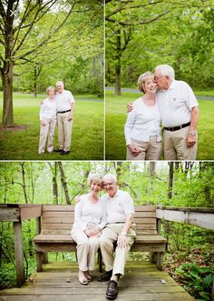 an older couple sitting on a bench in the park together and posing for pictures with their arms around each other