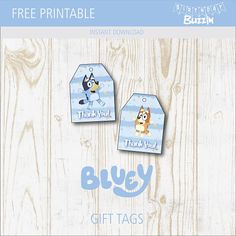 two tags that say, thank you and blue with an image of a dog on them