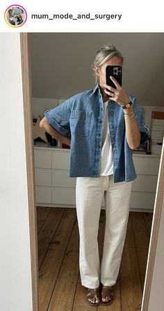 Modest Street Wear Outfits, Jeans And Linen Shirt Outfit, Barista Summer Outfit, Comfy Work Outfit Summer Casual, Summer To Fall Outfits 2024, Modest Summer Aesthetic, Therapist Fashion, Casual At Home Outfits, Australia Outfit