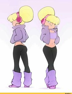 two cartoon girls with blonde hair and purple boots, one is talking on the phone