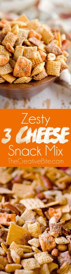 the cheesy snack mix is ready to be eaten