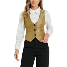 This vintage waistcoat is made of textured jacquard fabric to show your feminine and elegant at the same time. This vest features lightweight and comfortable fabric with 3 button placket, pointed hem, seam pockets and adjustable strap at the back. It can also be worn as open front waistcoat for a stylish, professional and modern chic look. Paring with a blazer outerwear for an urban edge, or a vintage poet type shirt for a Renaissance steampunk style. Designed with sleeveless and two side pocket Elegant Party Vest With Buttons, Gold Waistcoat, Gold Vest, Vintage Waistcoat, Sleeveless Suit, Vintage Suits, Steampunk Style, Suit Vest, Suit Designs