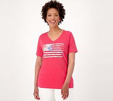 Casual weekends are more stylish with this cute printed top in the rotation. From Denim & Co.® Fashions. Spring Cotton Top With Flag Print, Spring Cotton Tops With Flag Print, Casual Flag Print Tops For Spring, American Flag Print Relaxed Fit Tops For Spring, Relaxed Fit Top With American Flag Print For Spring, Spring American Flag Print Relaxed Fit Tops, American Flag Print Short Sleeve Top For Spring, Casual American Flag Print Top For Vacation, Trendy Summer Tops With Flag Print