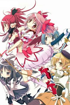 an anime character group with swords and other characters in front of the camera, all dressed up