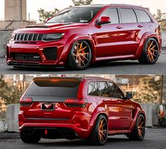 the front and side view of a red jeep with orange rims on it's wheels