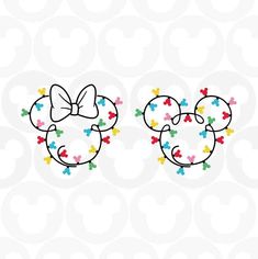 mickey and minnie mouse heads with bows on them, both wearing different colored bow ties