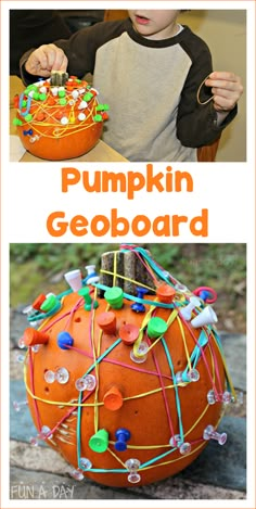 an orange pumpkin decorated with pins and string is shown next to a photo of a young boy