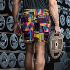 Kente Print Mens shorts, Ankara Mens swim trunks, Men's Athletic Long Shorts, African Print Mens shorts Sports outfits can be a lot of hassle, but with these long shorts there's no need for that. Just throw on a pair and go running, swimming, weight-lifting, or participate in any other activity that pops in your mind. These shorts won't let you down! * 96% polyester, 4% elastane (fabric composition may vary by 2%) * Fabric weight: 5 oz/yd² (169.5 g/m²) * Four-way stretch water-repellent microfib Summer Gym Boxer Briefs Short Length, Summer Gym Boxer Briefs, Summer Workout Boxer Briefs, Summer Workout Boxer Briefs With Built-in Shorts, Sports Boxer Briefs With Built-in Shorts For Beach Season, Surfing Swim Trunks With Built-in Shorts, Multicolor Boxer Briefs For Sports In Summer, Short Swim Trunks For Gym In Summer, Short Swim Trunks With Built-in Shorts For Surfing