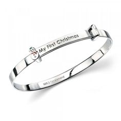 This adorable highly polished sterling silver bangle bracelet features a little snowman and set with a diamond, it is designed for baby boys and girls, and engraved with the words 'My first Christmas'. The bangle size is adjustable up to 6 inches for a just right fit. Personalizing by laser engraving. #baby adjustable bangle #baby girl bangle #baby boy bangle #boy adjustable bangle #girls adjustable bangle #baby bangle Adjustable Sterling Silver Christmas Jewelry, Personalized Christmas Gift Bracelets, Personalized Bracelets For Christmas, Customizable Silver Jewelry For Christmas, Silver Hallmark Jewelry For Christmas, Christmas Silver Hallmark Jewelry, Hallmarked Jewelry For Personalized Christmas Gift, Sterling Silver Name Jewelry For Christmas, Christmas Girls