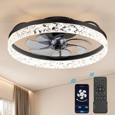 a ceiling fan that is connected to a remote control